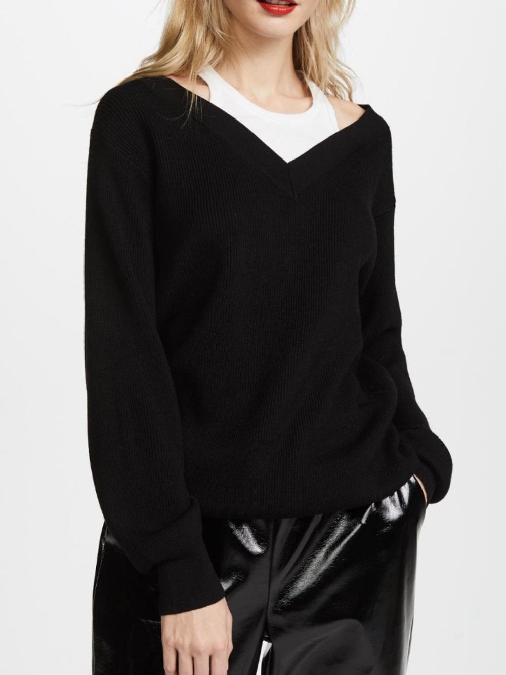 Alexander Wang Merino Wool Black Off-the-Shoulder V-Neck Knit Sweater
